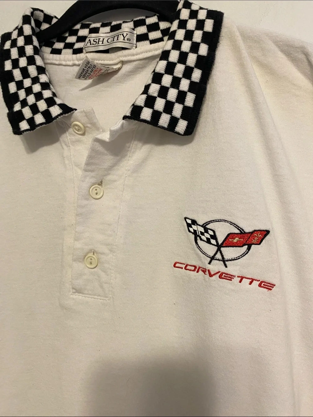 Corvette White Polo with Checkerboard Trim